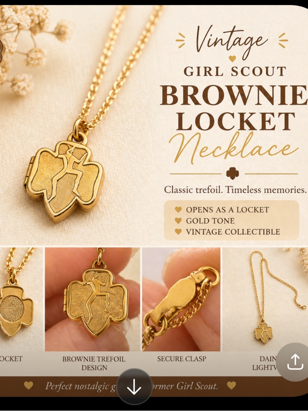 Vintage Brownie Trefoil Locket Necklace - Gold Tone